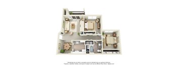 A 3D floor plan of a house with a kitchen, living room, and two bedrooms.
