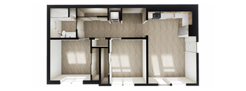A black and white image of a split level home interior.
