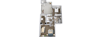 A top-down view of a two-bedroom apartment with a living room, kitchen, and bathroom.