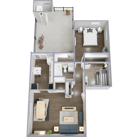 A top-down view of a two-bedroom apartment with a living room, kitchen, and bathroom.