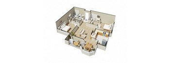 A 3D floor plan of a house with multiple rooms.