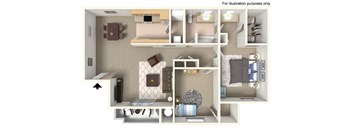 A 3D floor plan of a small apartment with a kitchen, living room, and bedroom.
