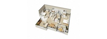 A 3D floor plan of a multi-level residential building.