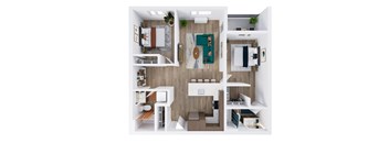 A top-down view of a modern, minimalist apartment with a kitchen, living room, and bedroom.