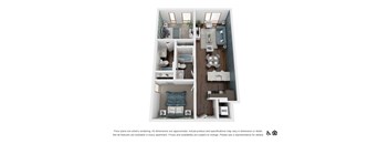 A floor plan of a small apartment with a bedroom, living room, and kitchen.
