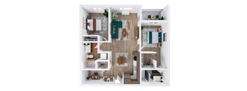 A top-down view of a modern apartment layout with a living room, kitchen, dining area, and bedrooms.