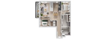 A 3D floor plan of a small apartment with a kitchen, living room, and bedroom.