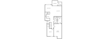 A floor plan of a house with a living room, dining room, kitchen, and two bedrooms.