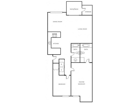 A floor plan of a house with a living room, dining room, kitchen, and two bedrooms.