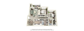 A 3D floor plan of a house with multiple rooms and furniture.