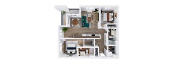 A top-down view of a modern, open-concept living space with a kitchen, dining area, and living room.