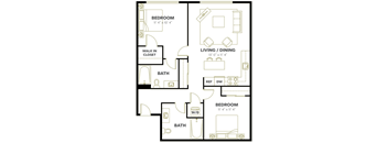A floor plan of a home with three bedrooms, a living/dining area, a bathroom, a walk-in closet, and a reference wall and door.
