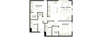 A floor plan of a house with two bedrooms, a living/dining area, and two bathrooms.