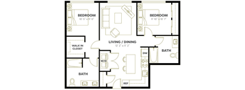A floor plan of a house with two bedrooms, a living area, a bathroom, and a walk-in closet.