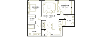 A black and white image of a floor plan for a house with two bedrooms, a living/dining area, two bathrooms, and a walk-in closet.