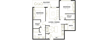 A floor plan of a home with a balcony, two bedrooms, a living/dining area, and a bathroom.
