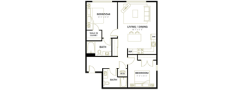A floor plan of a home with two bedrooms, a living/dining area, bathrooms, and a walk-in closet.