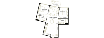A floor plan of a home with a living room, dining room, two bedrooms, a bathroom, and a balcony.