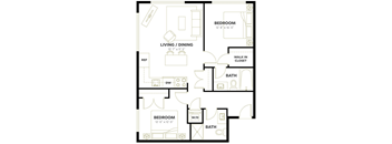A black and white image of a floor plan for a two bedroom apartment.
