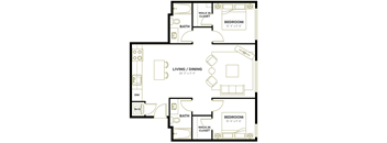 A black and white image of a house floor plan with two bedrooms, a living room, a dining room, a bathroom, a walk-in closet, and a kitchen.