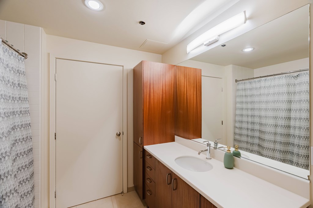 A bathroom with a sink, mirror, and shower curtain.