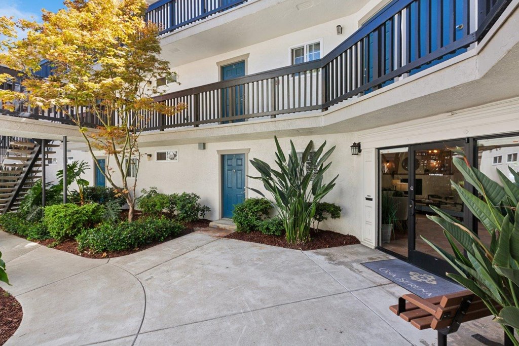 A tree with yellow leaves is in front of a white building with a blue door.