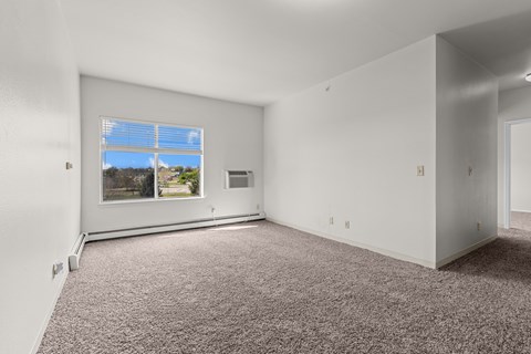 A room with a carpeted floor and a window showing a view of trees and houses outside.