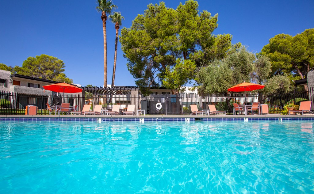 A swimming pool surrounded by trees and chairs with umbrellas.