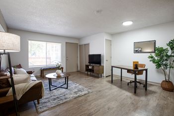 A living room with a couch, coffee table, and television.