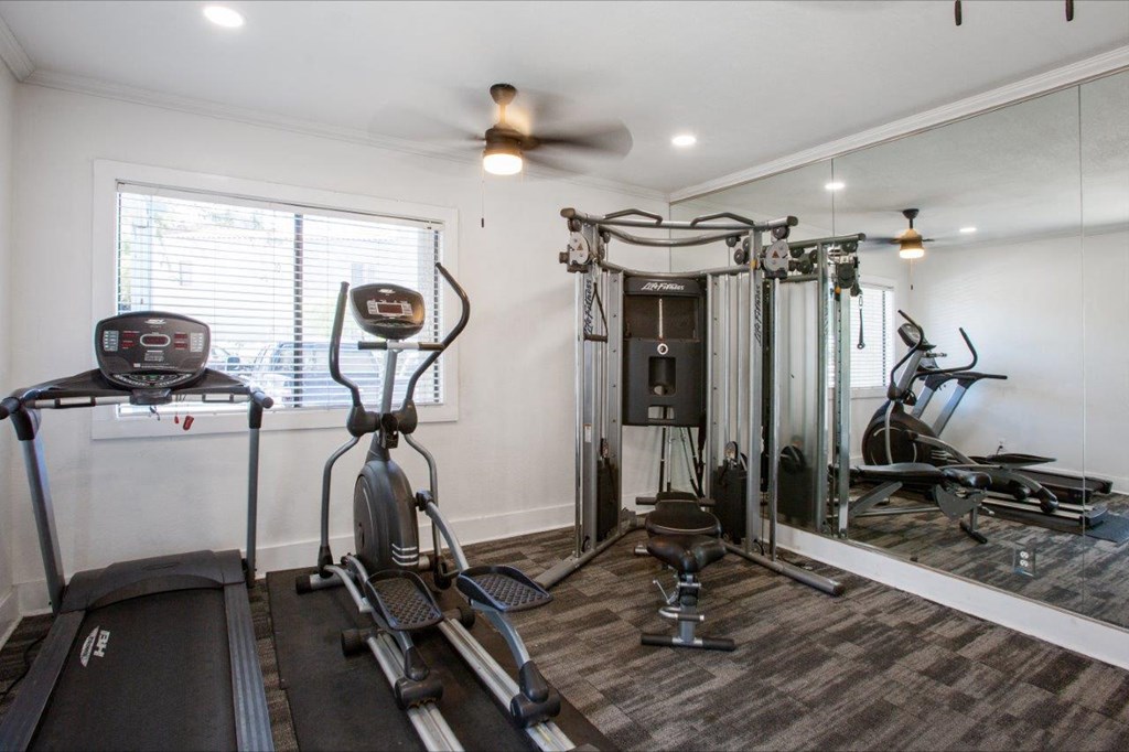 A well-equipped home gym with a treadmill, elliptical trainer, and other exercise machines.