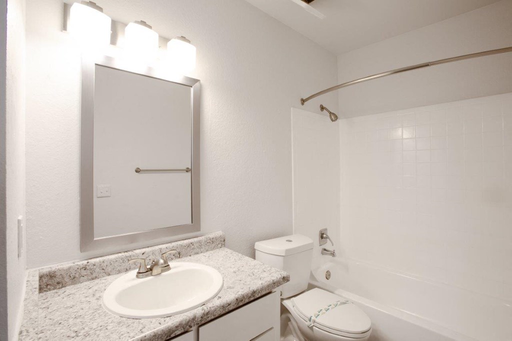 A bathroom with a sink, toilet, and mirror.