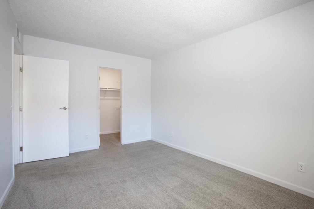 A white room with a carpeted floor and two doors.