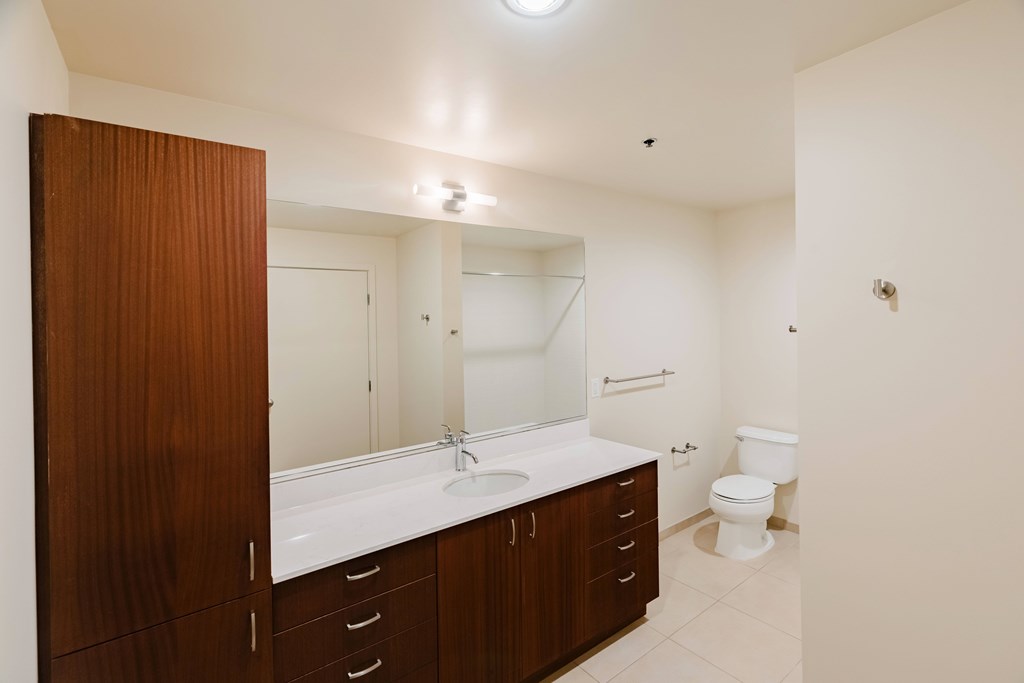A bathroom with a white counter top and a white toilet.