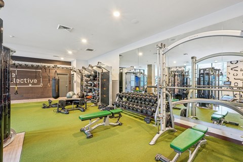 A gym with a variety of equipment including dumbbells, weight machines, and benches.