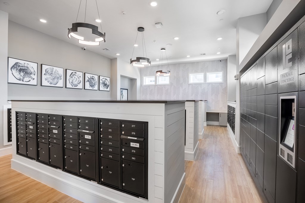 a view of the mail room from the hallway