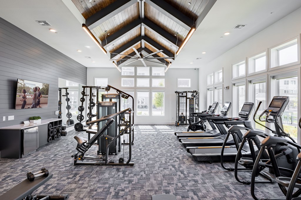 a gym with treadmills and other exercise equipment
