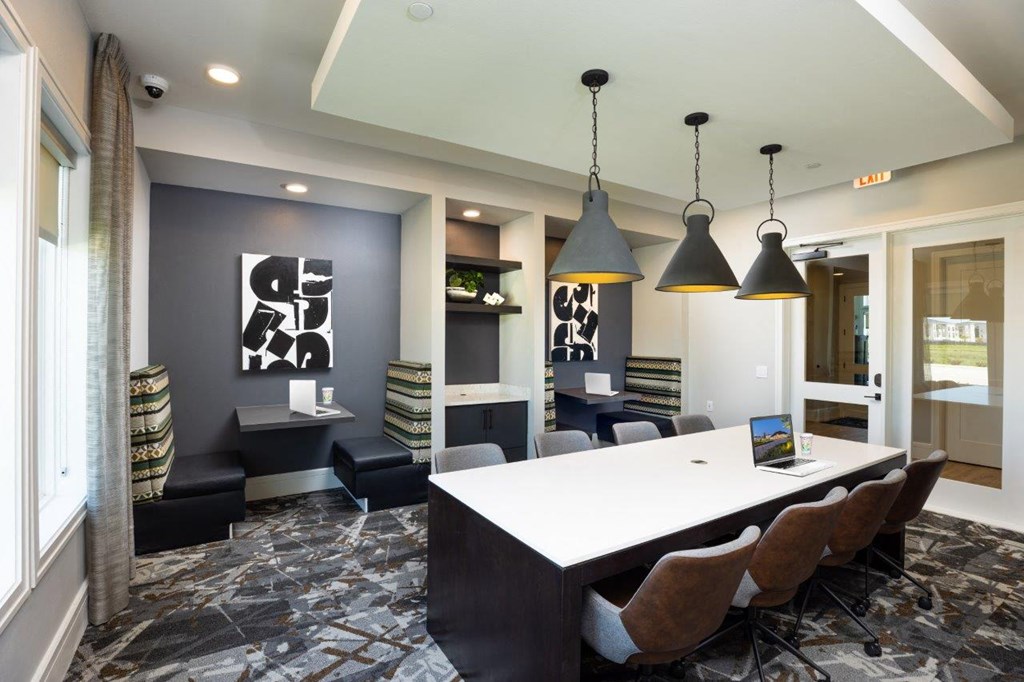Allora New Forest Apartments Clubhouse Conference Table and Work Booths Allora New Forest Apartments Clubhouse Conference Table and Work Booths