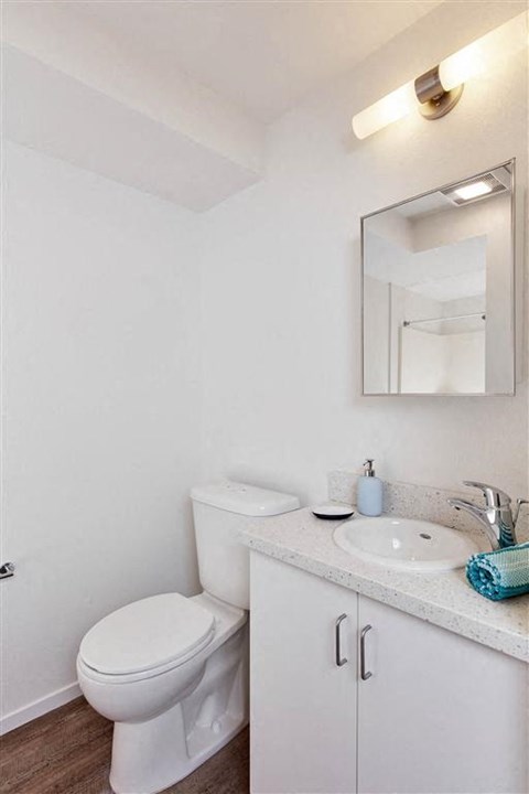 a bathroom with a toilet sink and mirror