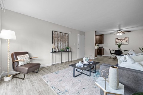 A living room with a brown chair and a grey sofa.