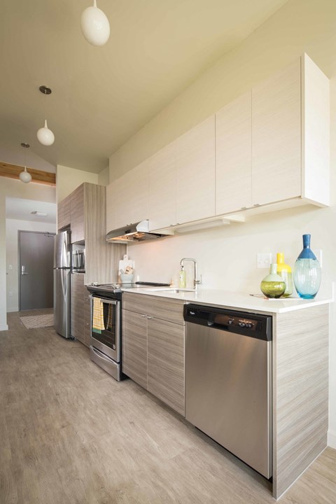 A modern kitchen with a stainless steel dishwasher and oven.