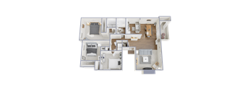 A detailed 3D floor plan of a two-bedroom apartment.