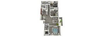 A 3D floor plan of a small apartment with a kitchen, living room, bedroom, and bathroom.