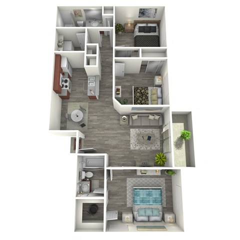 A 3D floor plan of a small apartment with a kitchen, living room, bedroom, and bathroom.