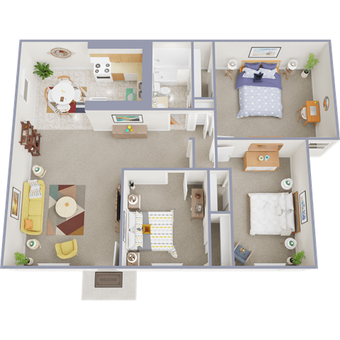 A detailed 3D floor plan of a two-bedroom apartment.