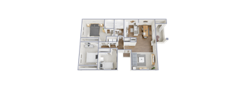 A detailed 3D floor plan of a two-bedroom apartment.