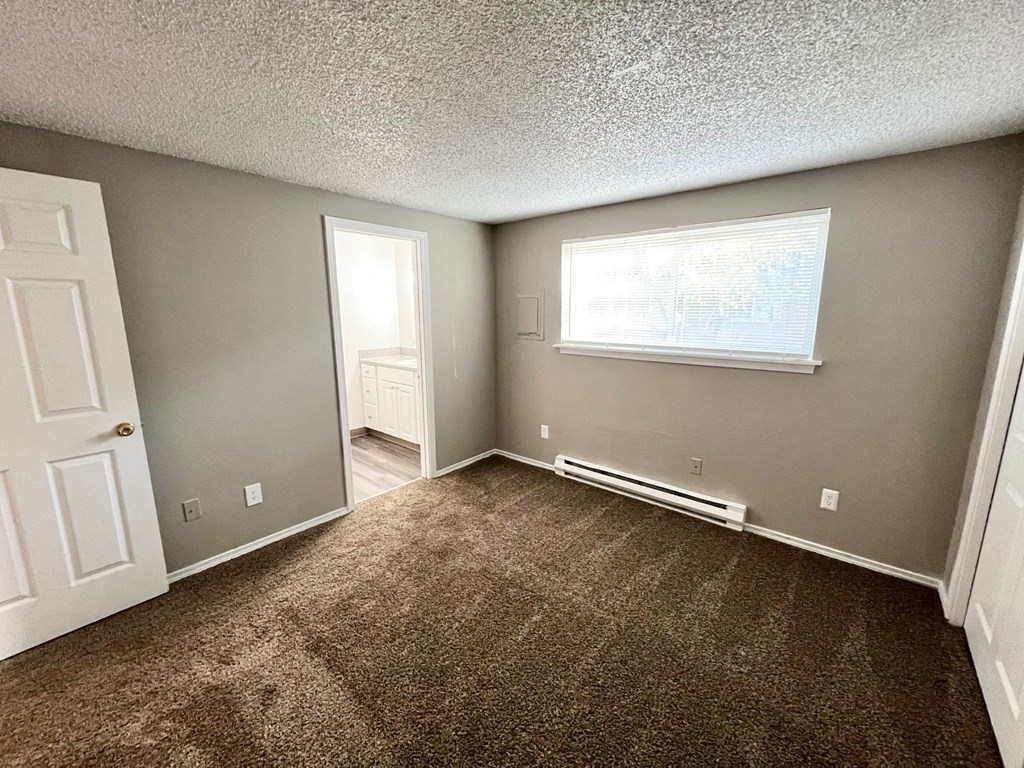 a bedroom with a carpeted floor and a window