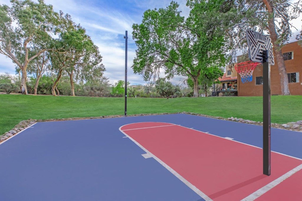 A basketball court with a red and blue surface and a basketball hoop.