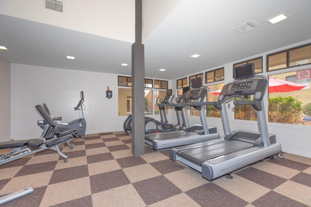 A gym with treadmills, exercise bikes, and a television.