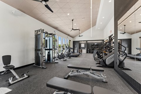 A spacious gym with a variety of equipment including treadmills, weights, and exercise machines.