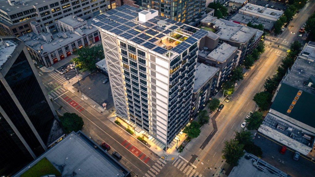 3ZERO3 New Apartments in Seattle, Washington Building and Roof with Solar Panels